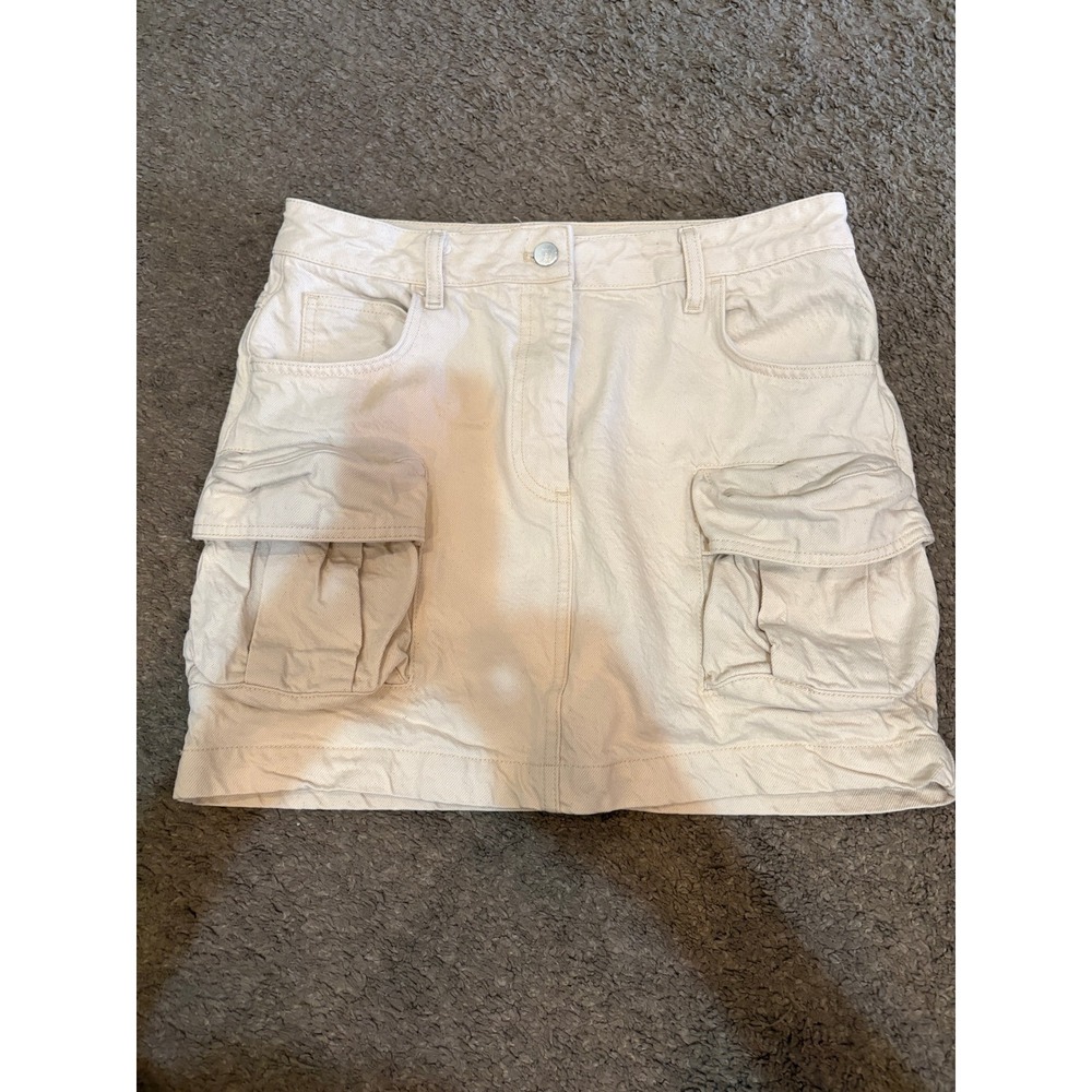 Pilcro Anthropologie Cream‎ Denim Cargo Mini Skirt Utility Pockets Womens Size 8